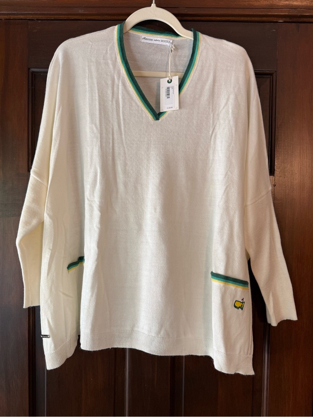 Women's Masters Crafted by Mersea Cream V-Neck Sweater with Green Trim